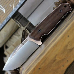 Boker Bison Fixed Blade 02BA404, 4.2" N695 Satin Plain Blade, Guayacan Ebony Wood Handle, Brown Leather Sheath