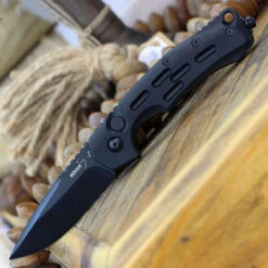 Boker Plus Thunder Storm Button Lock 01BO795N, 2.95" AUS-8 Stonewashed Plain Blade, Black Aluminum Handle